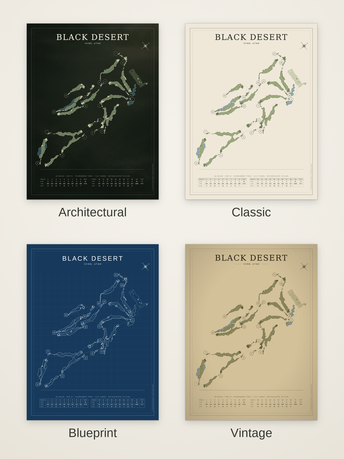 Black Desert course map poster in four styles: Architectural, Classic, Blueprint and Vintage