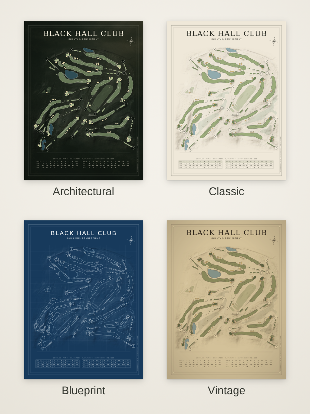 Black Hall Club course map poster in four styles: Architectural, Classic, Blueprint and Vintage