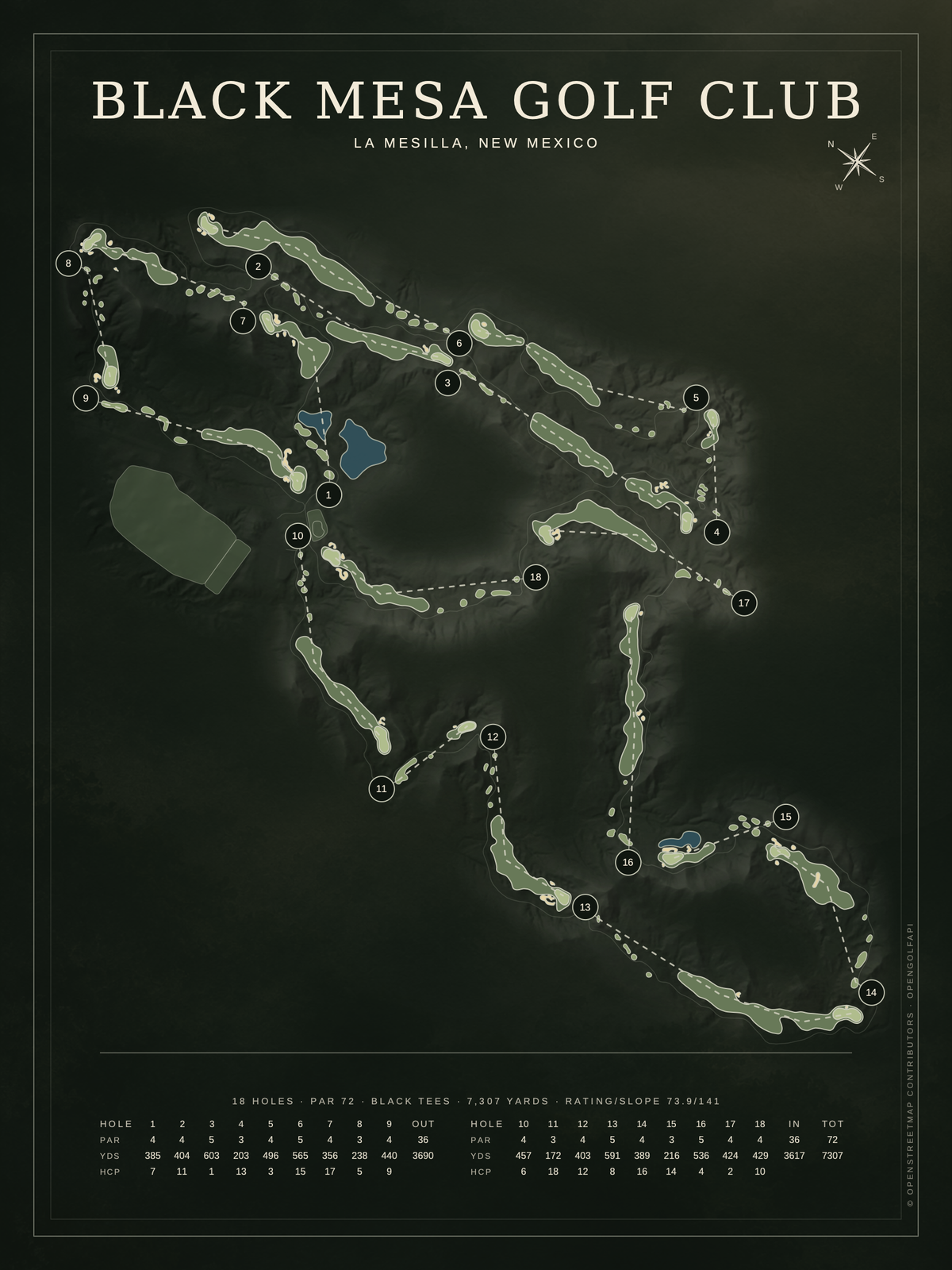 Black Mesa Golf Club course map poster, Architectural style, 12×16 / 18×24
