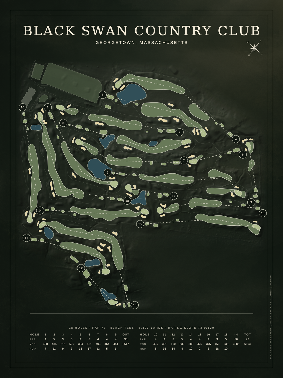 Black Swan Country Club course map poster, Architectural style, 12×16 / 18×24