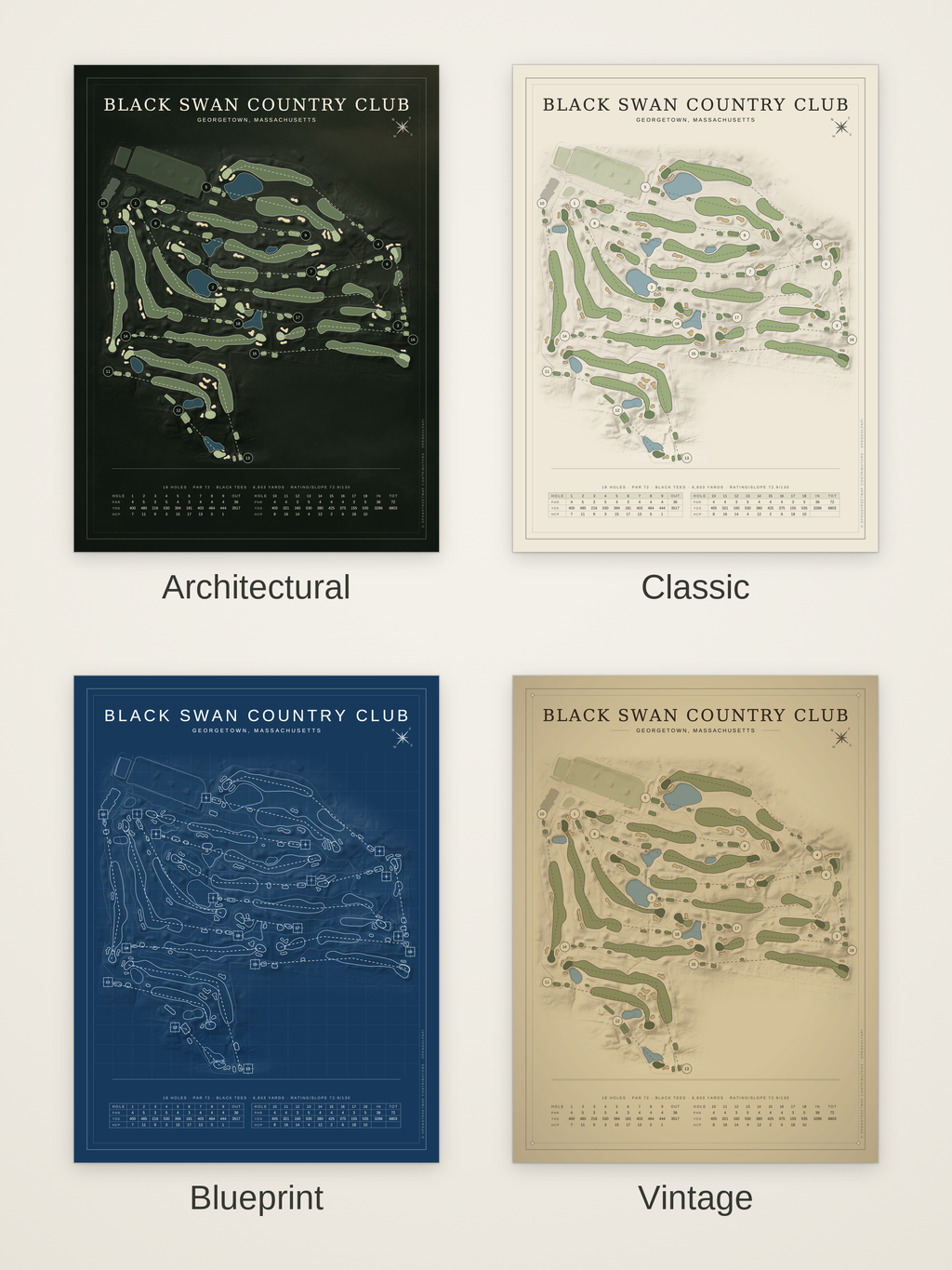 Black Swan Country Club course map poster in four styles: Architectural, Classic, Blueprint and Vintage