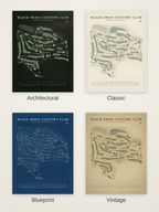 Black Swan Country Club course map poster in four styles: Architectural, Classic, Blueprint and Vintage