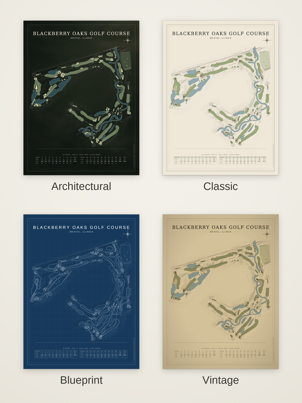 Blackberry Oaks Golf Course map poster in four styles: Architectural, Classic, Blueprint and Vintage