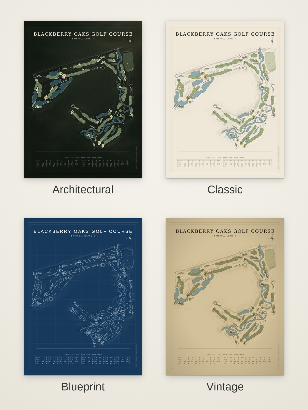 Blackberry Oaks Golf Course map poster in four styles: Architectural, Classic, Blueprint and Vintage