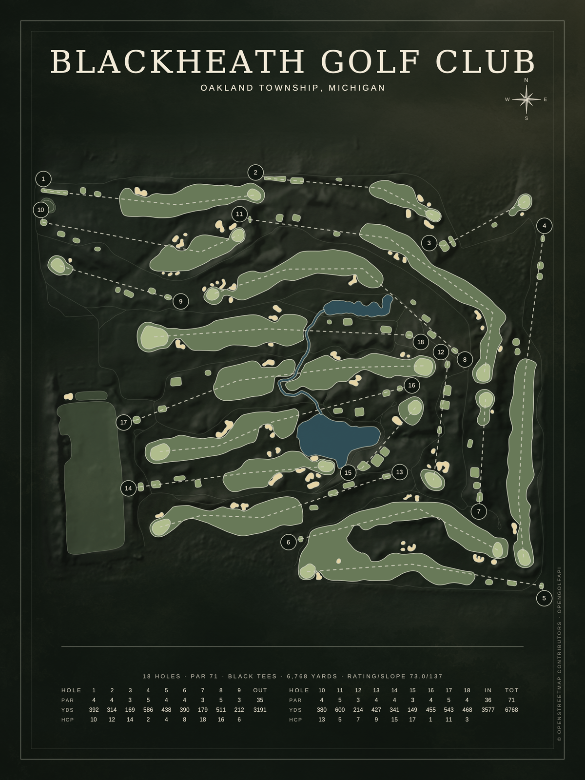 Blackheath Golf Club course map poster, Architectural style, 12×16 / 18×24