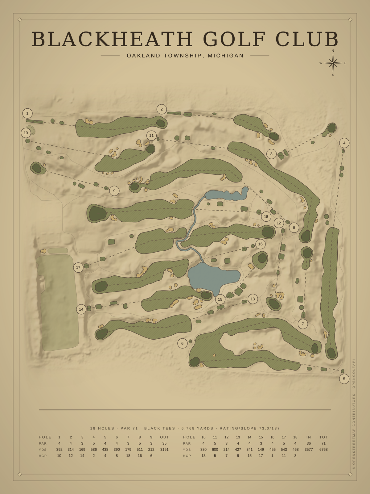 Blackheath Golf Club course map poster, Vintage style, 12×16 / 18×24