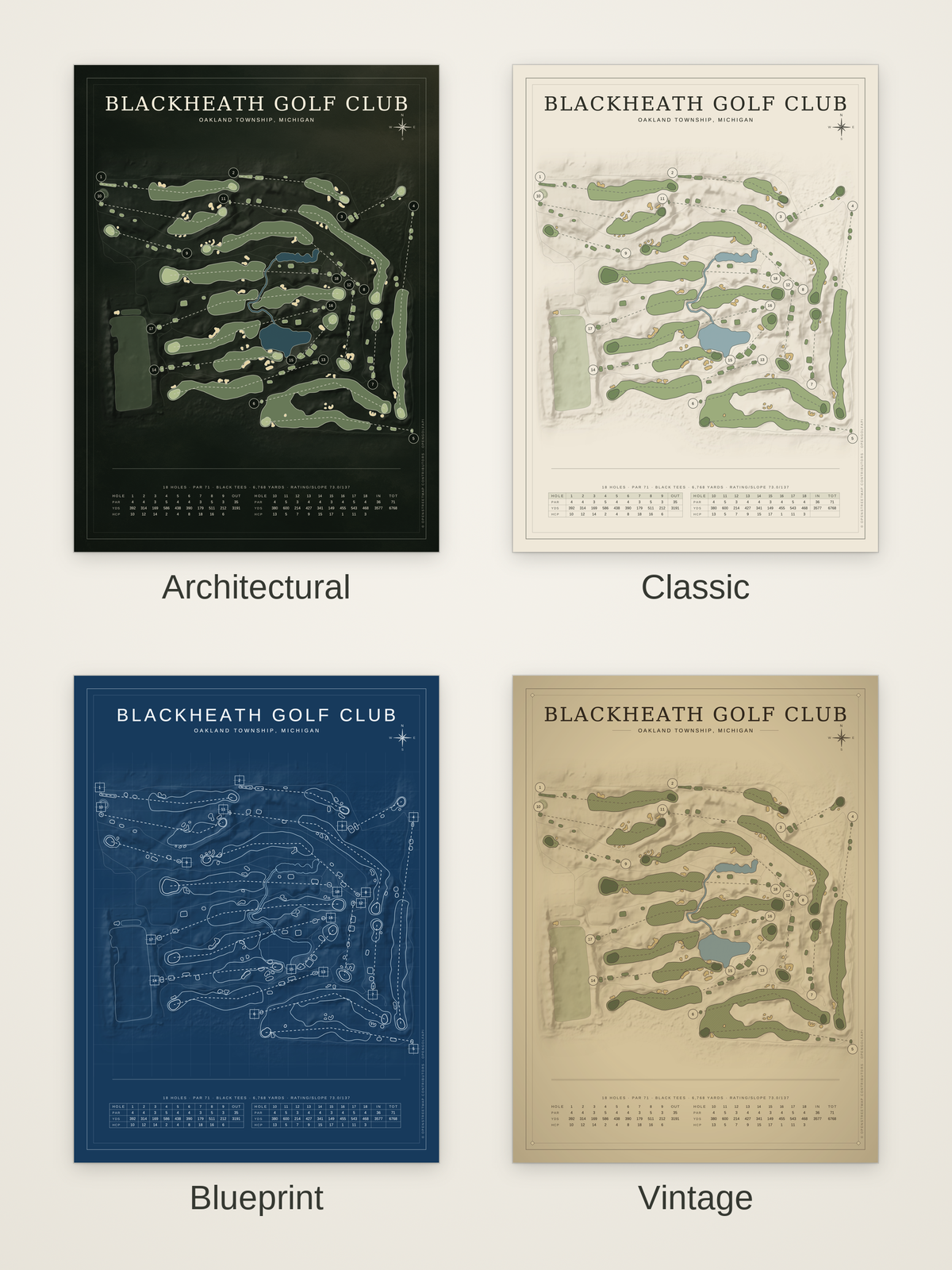 Blackheath Golf Club course map poster in four styles: Architectural, Classic, Blueprint and Vintage