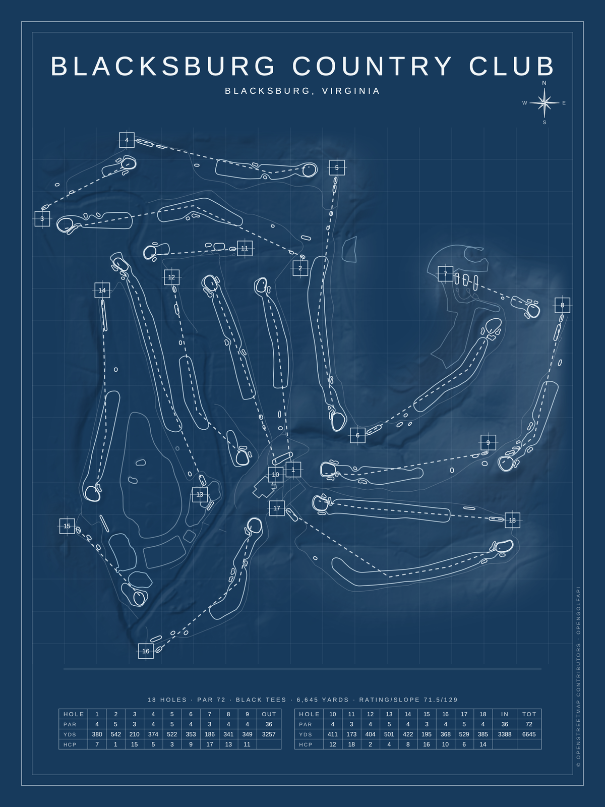Blacksburg Country Club course map poster, Blueprint style, 12×16 / 18×24