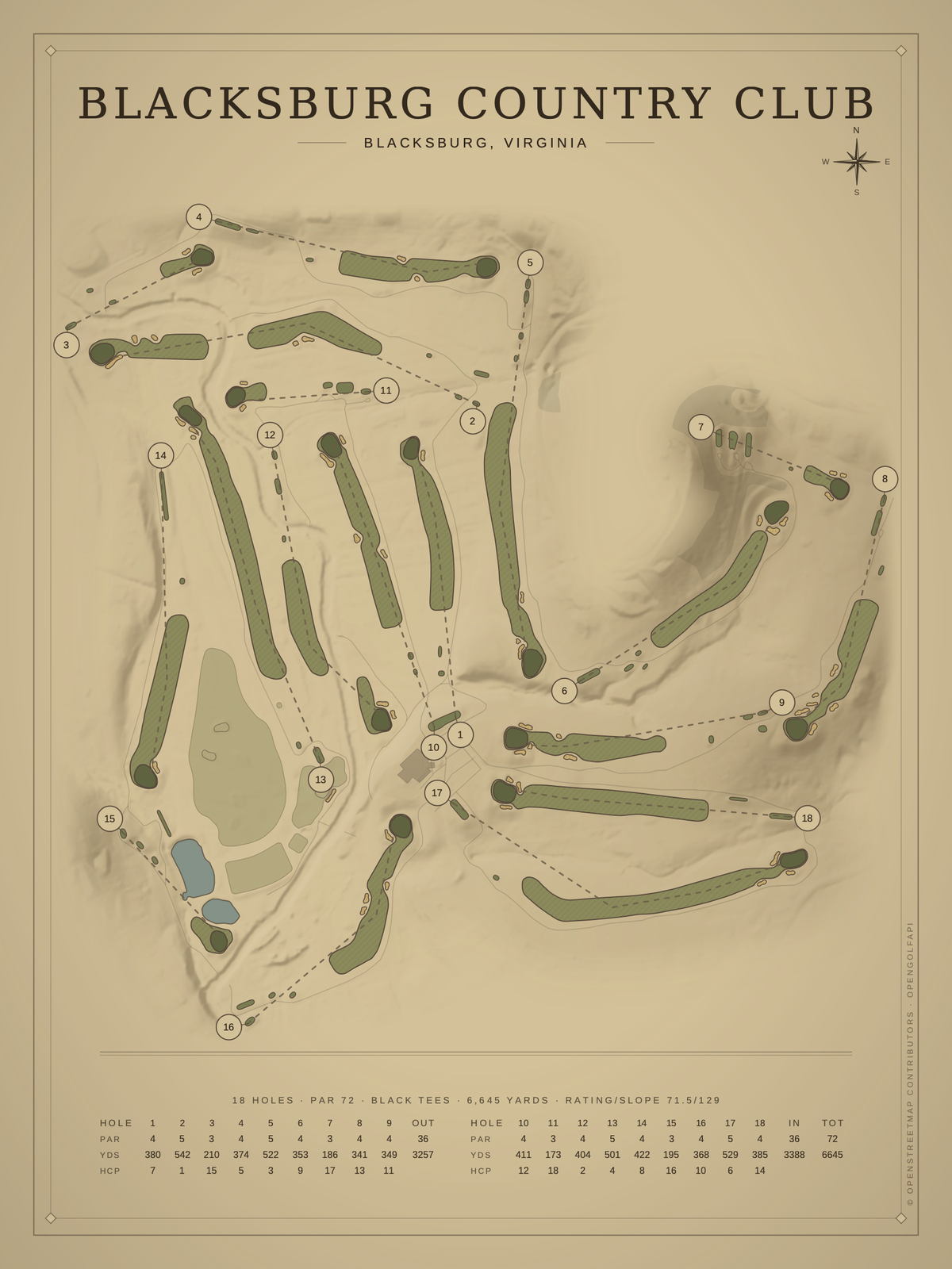 Blacksburg Country Club course map poster, Vintage style, 12×16 / 18×24