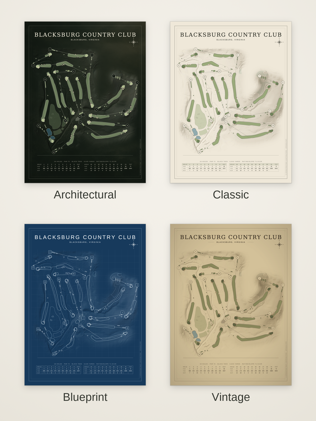 Blacksburg Country Club course map poster in four styles: Architectural, Classic, Blueprint and Vintage