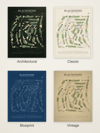 Blackshire course map poster in four styles: Architectural, Classic, Blueprint and Vintage