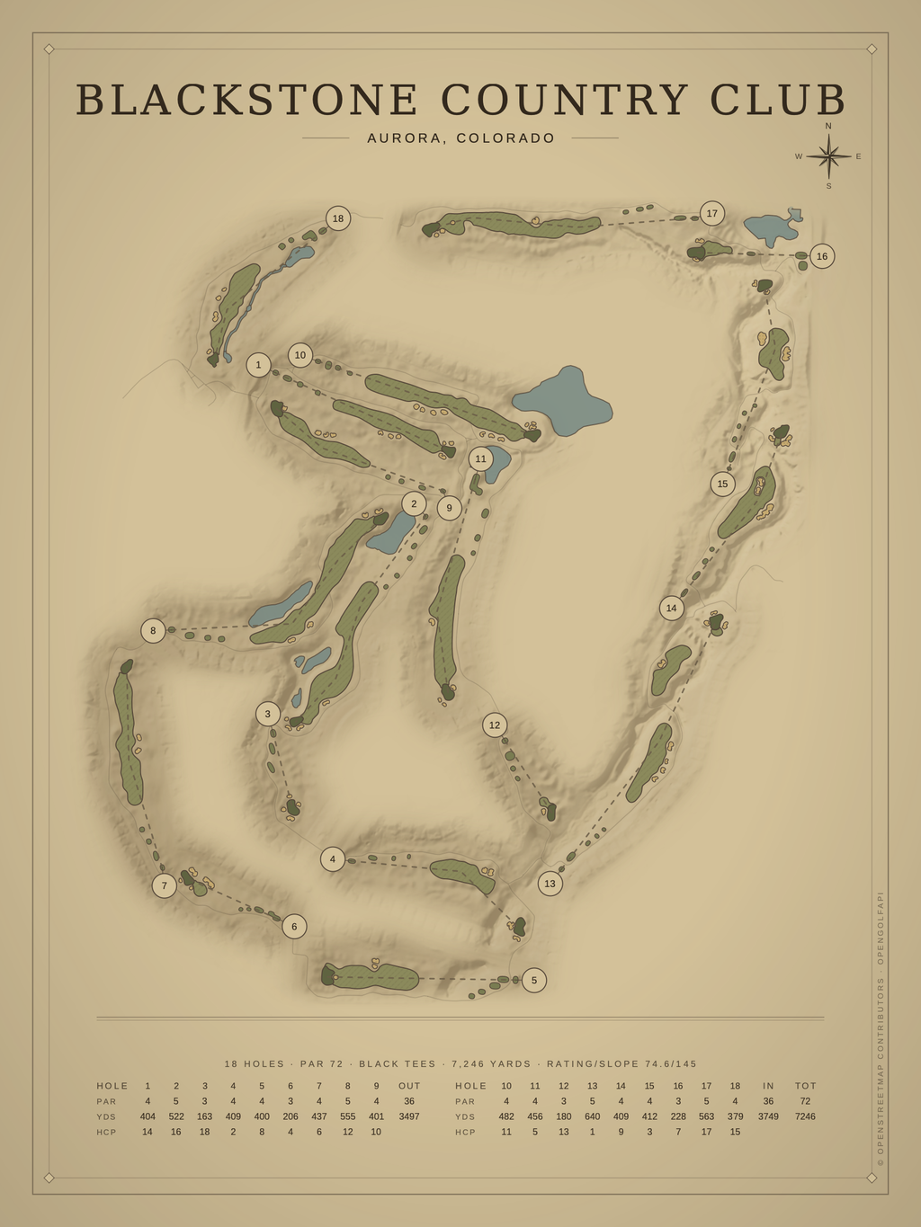 Blackstone Country Club course map poster, Vintage style, 12×16 / 18×24