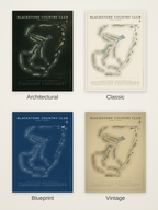 Blackstone Country Club course map poster in four styles: Architectural, Classic, Blueprint and Vintage