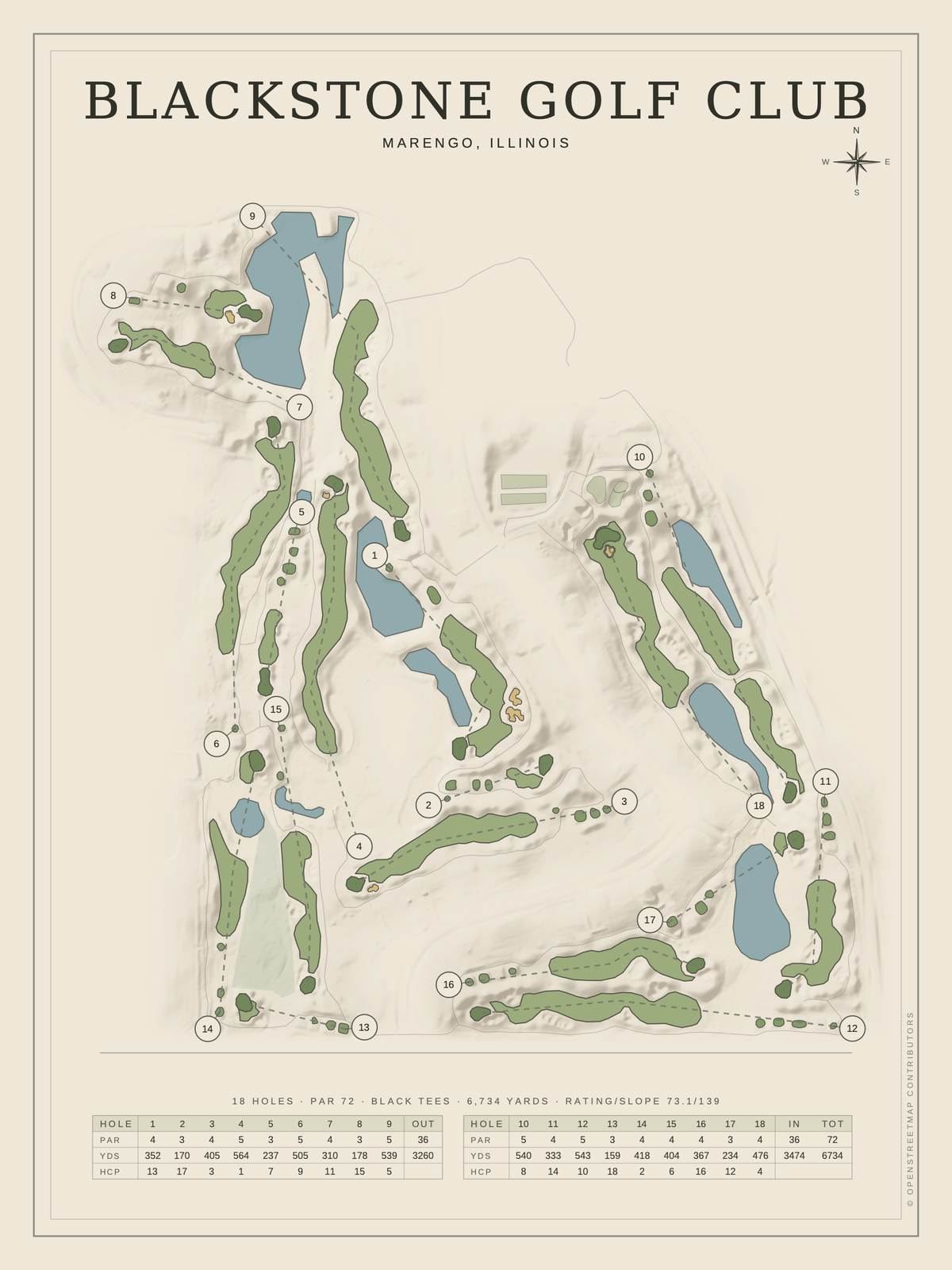 Blackstone Golf Club course map poster, Classic style, 12×16 / 18×24