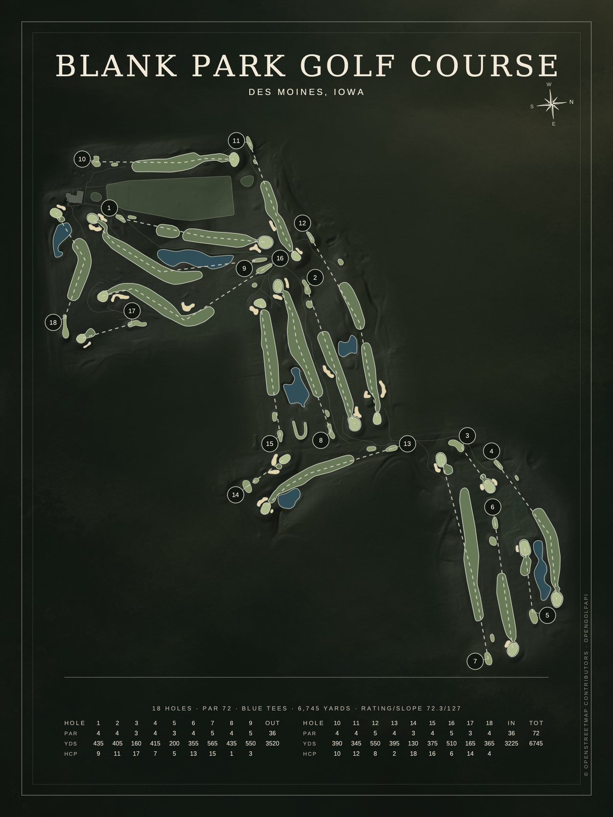 Blank Park Golf Course map poster, Architectural style, 12×16 / 18×24