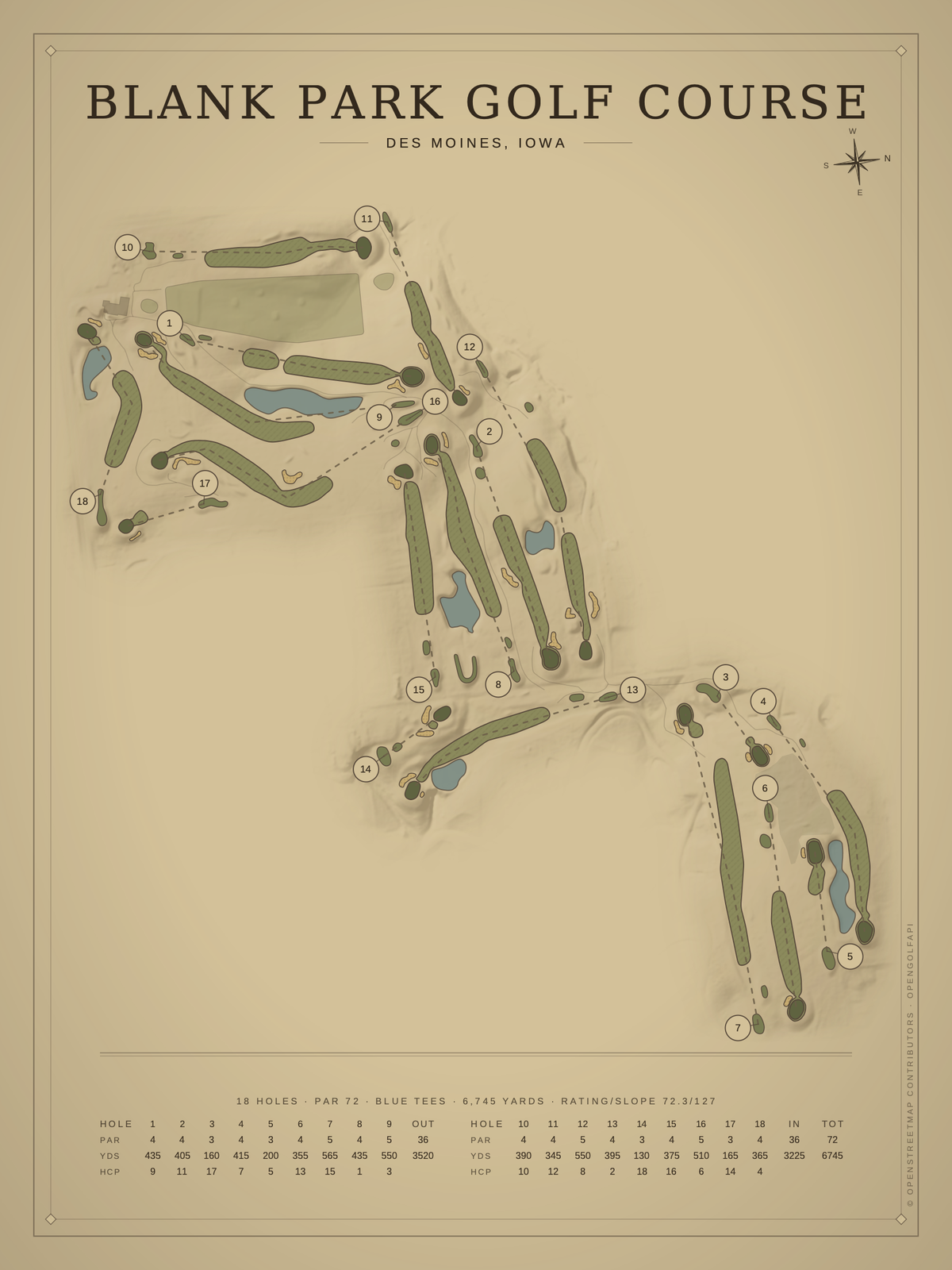 Blank Park Golf Course map poster, Vintage style, 12×16 / 18×24