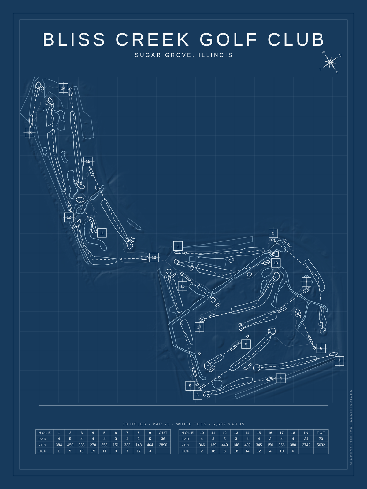 Bliss Creek Golf Club course map poster, Blueprint style, 12×16 / 18×24