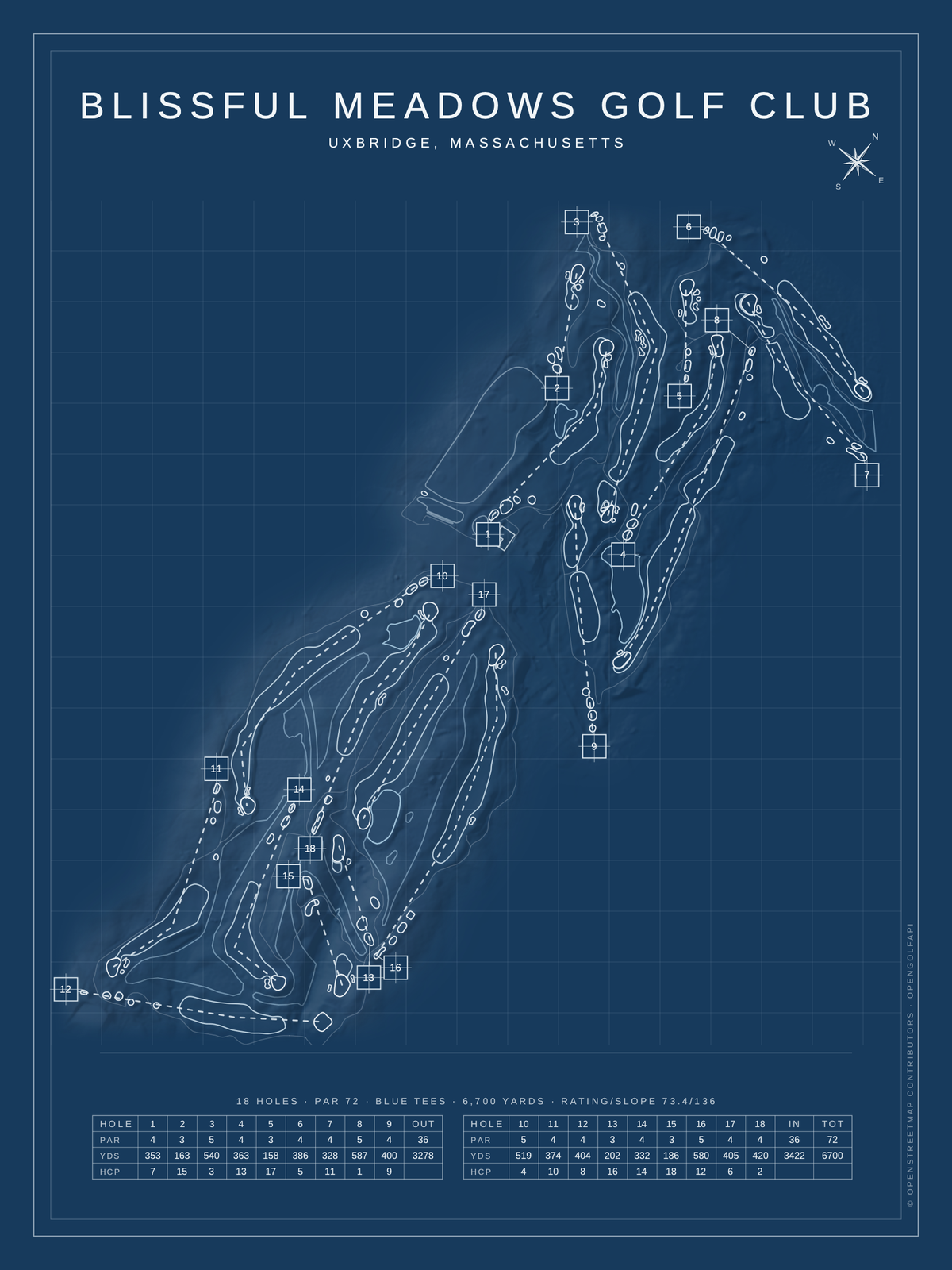 Blissful Meadows Golf Club course map poster, Blueprint style, 12×16 / 18×24