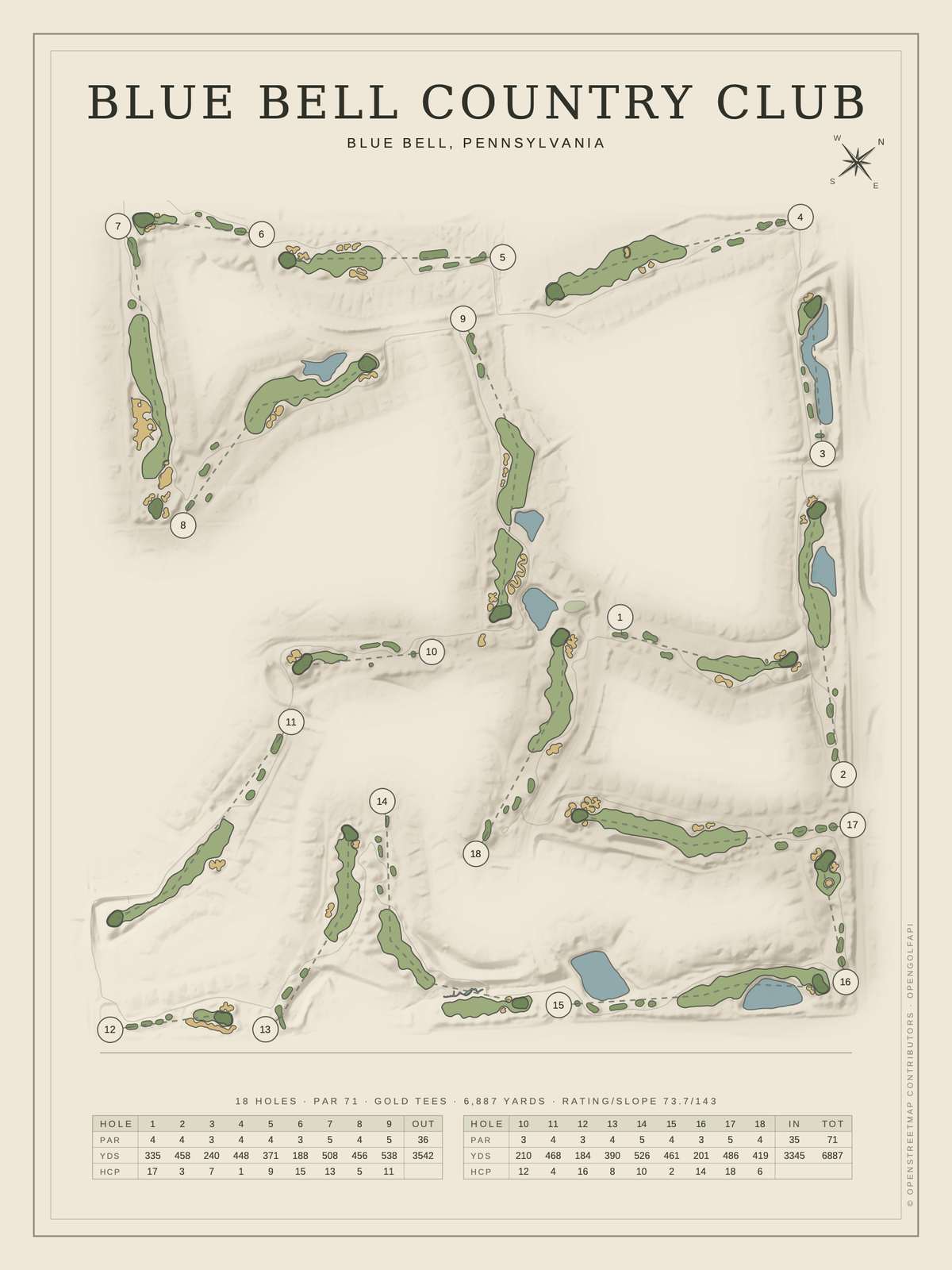 Blue Bell Country Club course map poster, Classic style, 12×16 / 18×24