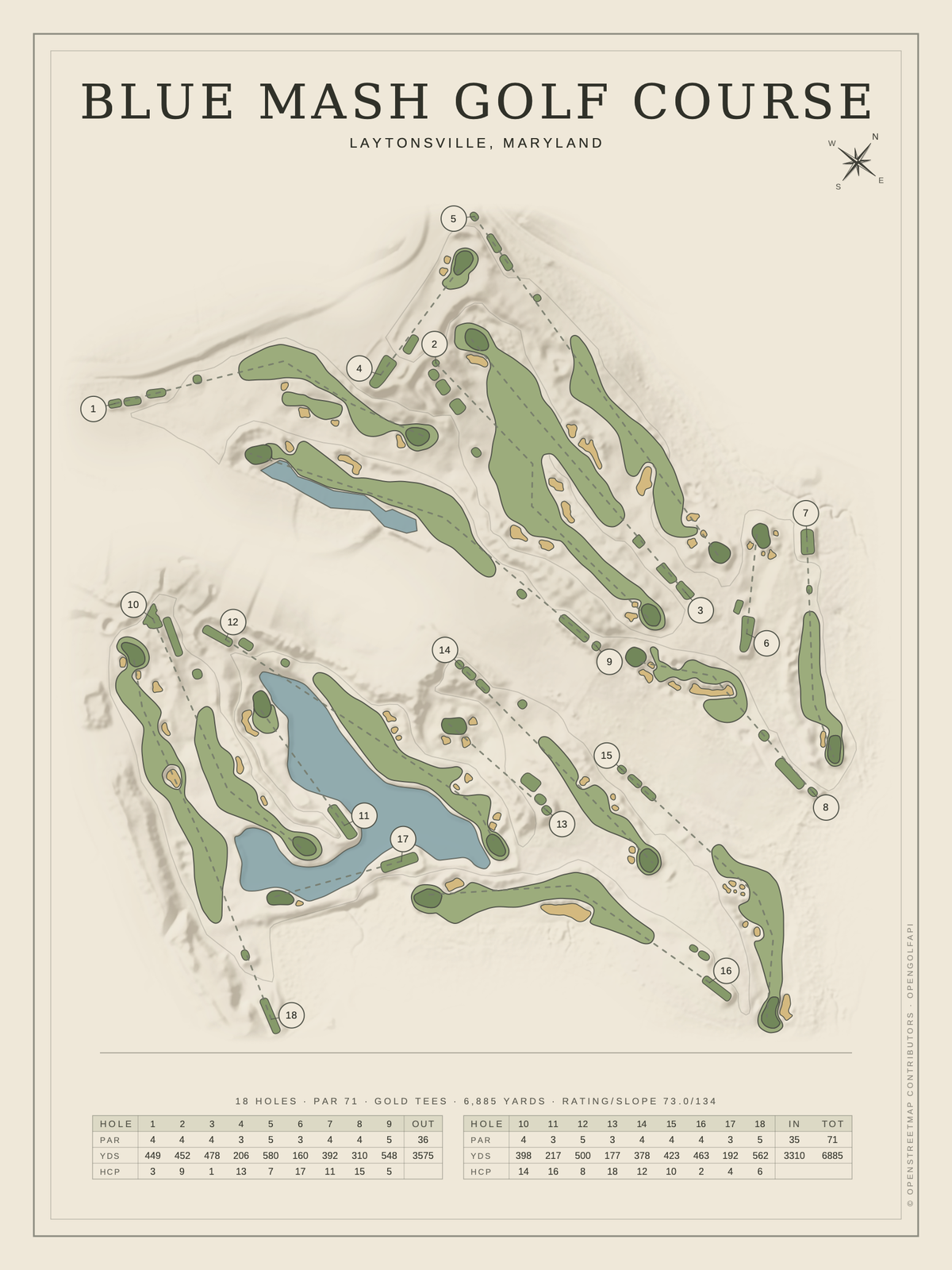 Blue Mash Golf Course map poster, Classic style, 12×16 / 18×24