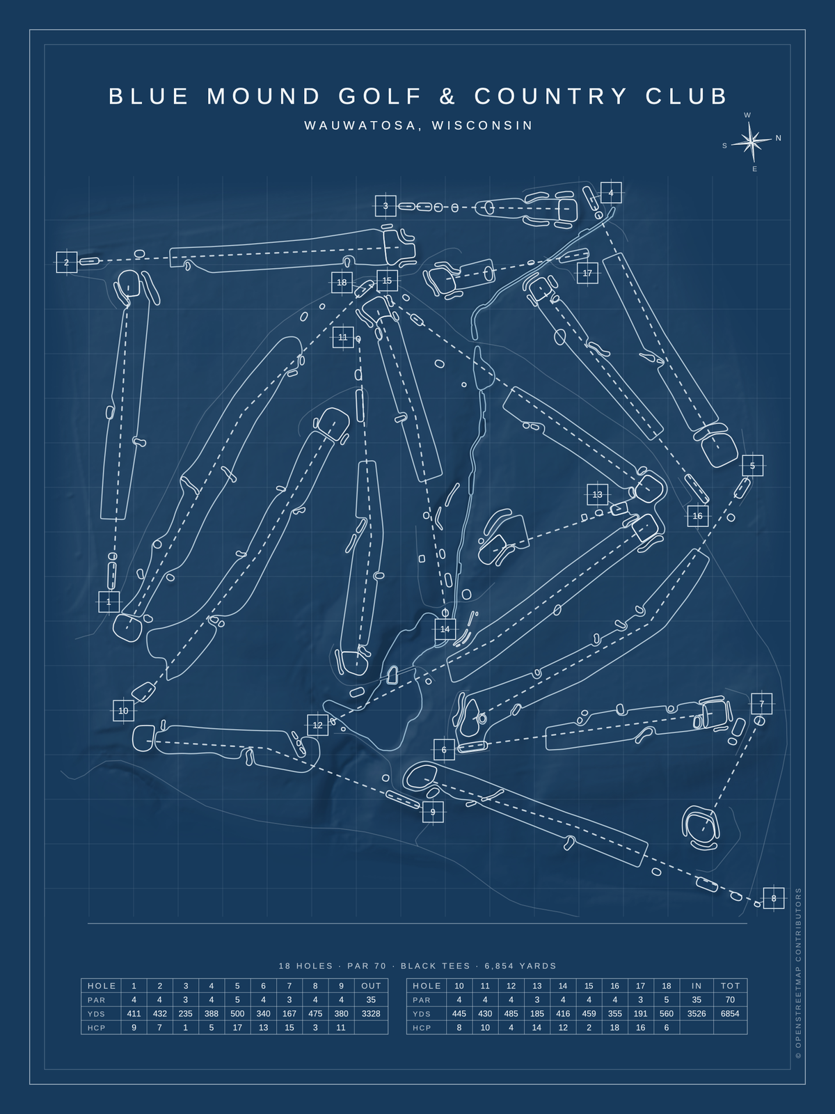 Blue Mound Golf & Country Club course map poster, Blueprint style, 12×16 / 18×24