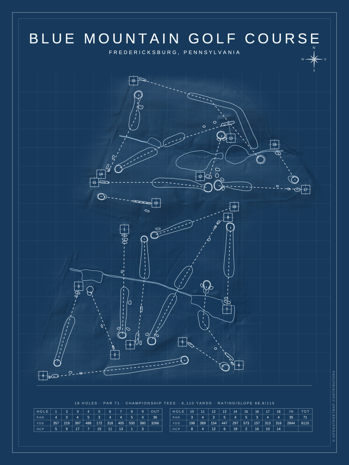 Blue Mountain Golf Course map poster, Blueprint style, 12×16 / 18×24