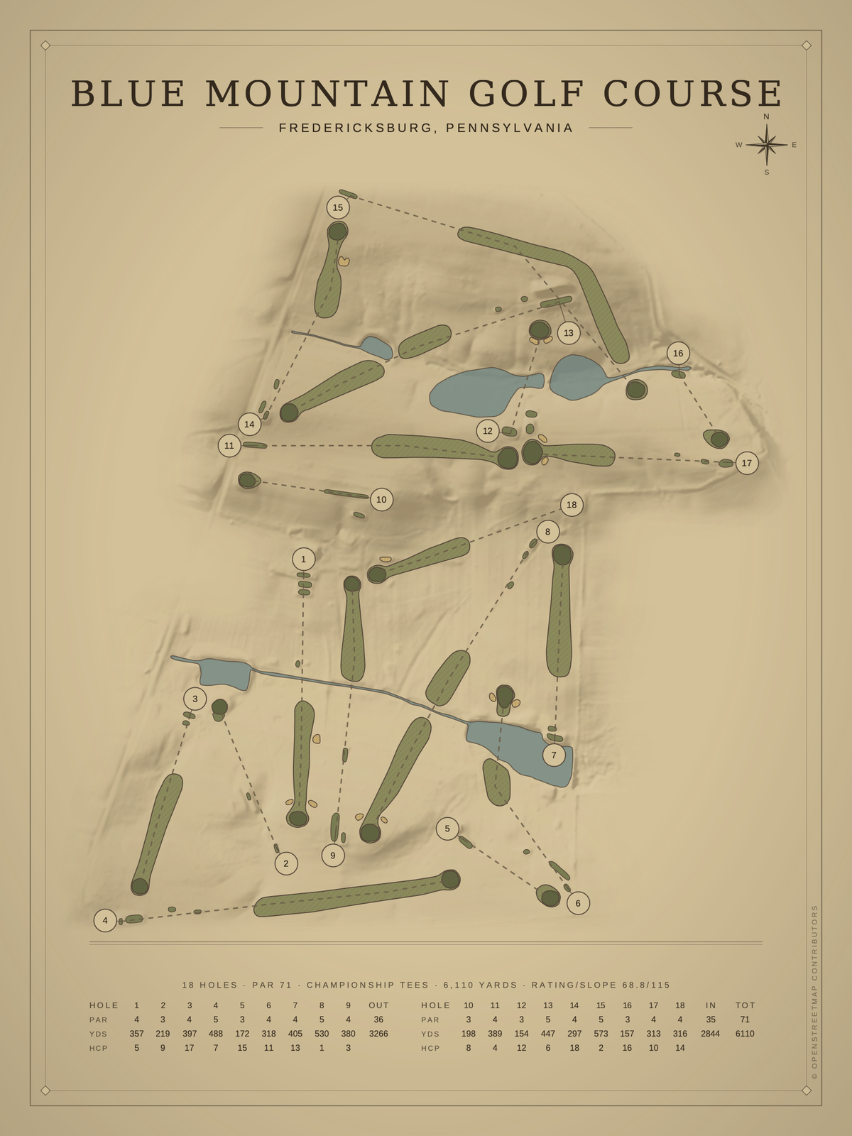 Blue Mountain Golf Course map poster, Vintage style, 12×16 / 18×24