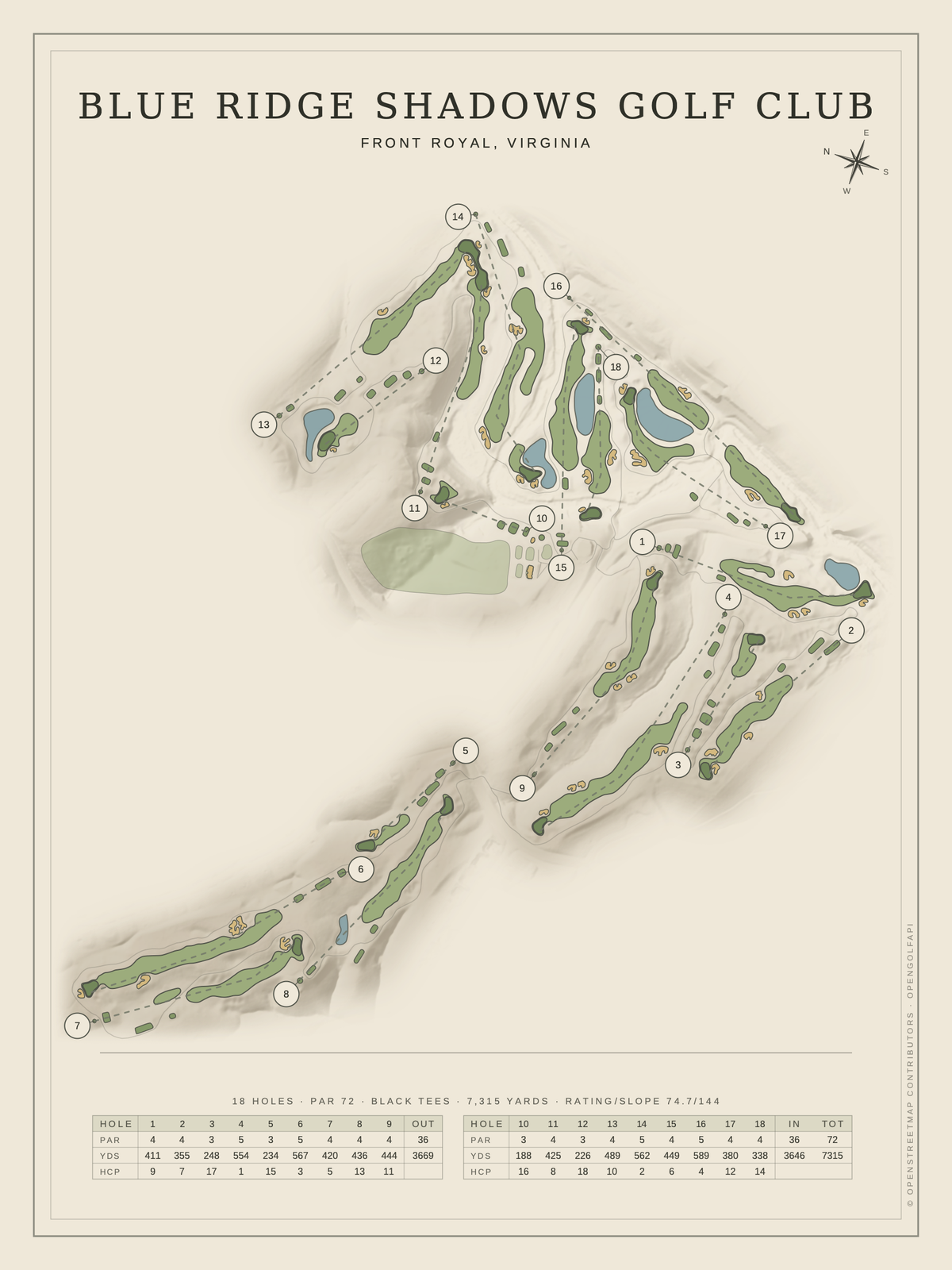 Blue Ridge Shadows Golf Club course map poster, Classic style, 12×16 / 18×24