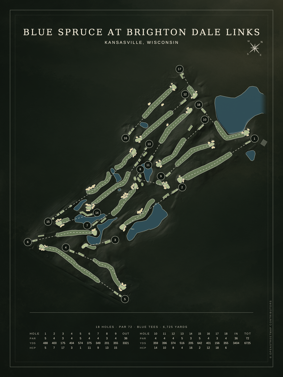 Blue Spruce at Brighton Dale Links course map poster, Architectural style, 12×16 / 18×24