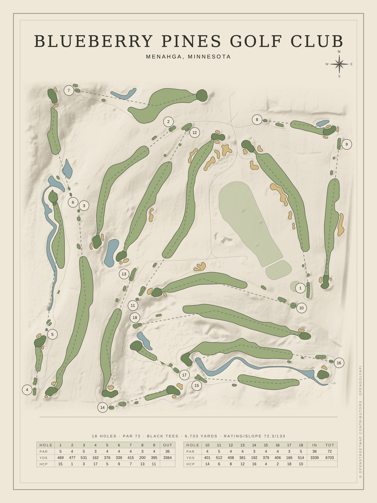 Blueberry Pines Golf Club course map poster, Classic style, 12×16 / 18×24