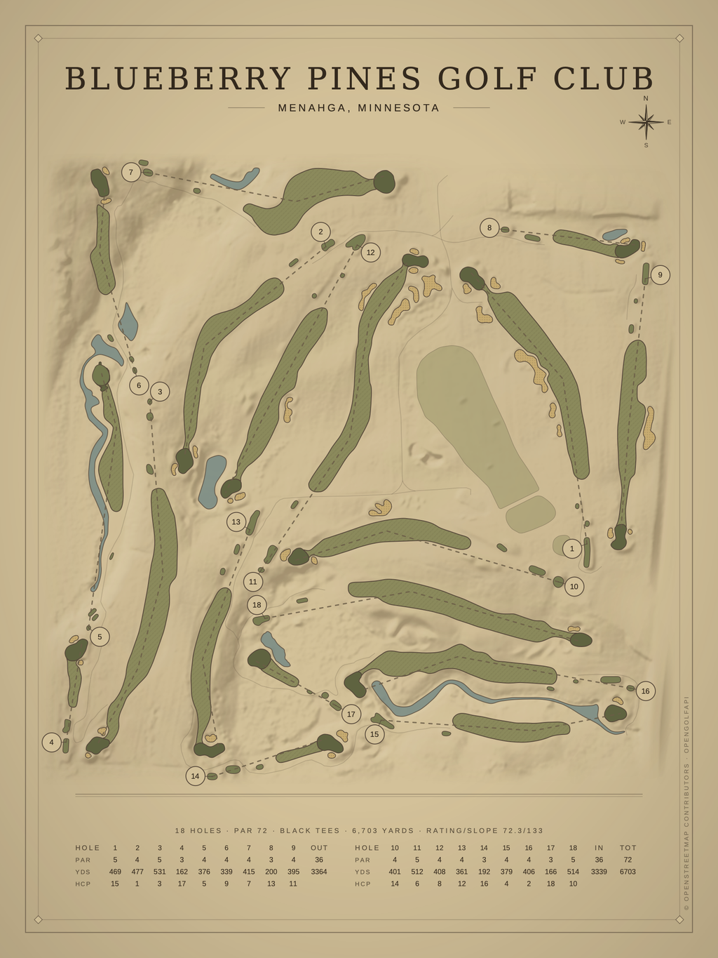 Blueberry Pines Golf Club course map poster, Vintage style, 12×16 / 18×24