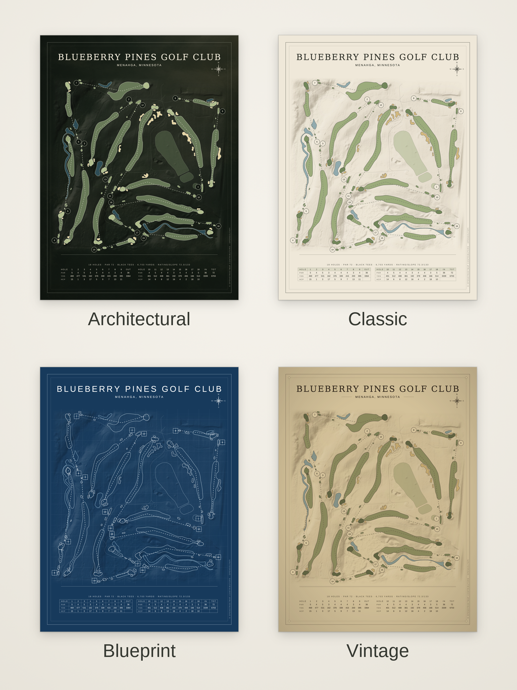 Blueberry Pines Golf Club course map poster in four styles: Architectural, Classic, Blueprint and Vintage