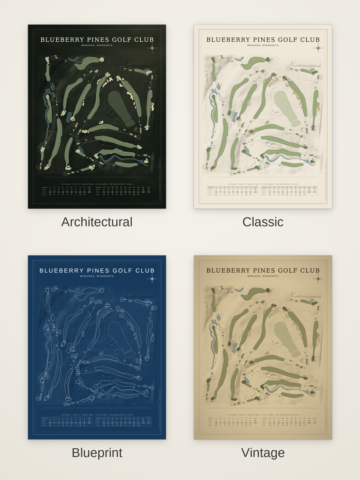 Blueberry Pines Golf Club course map poster in four styles: Architectural, Classic, Blueprint and Vintage