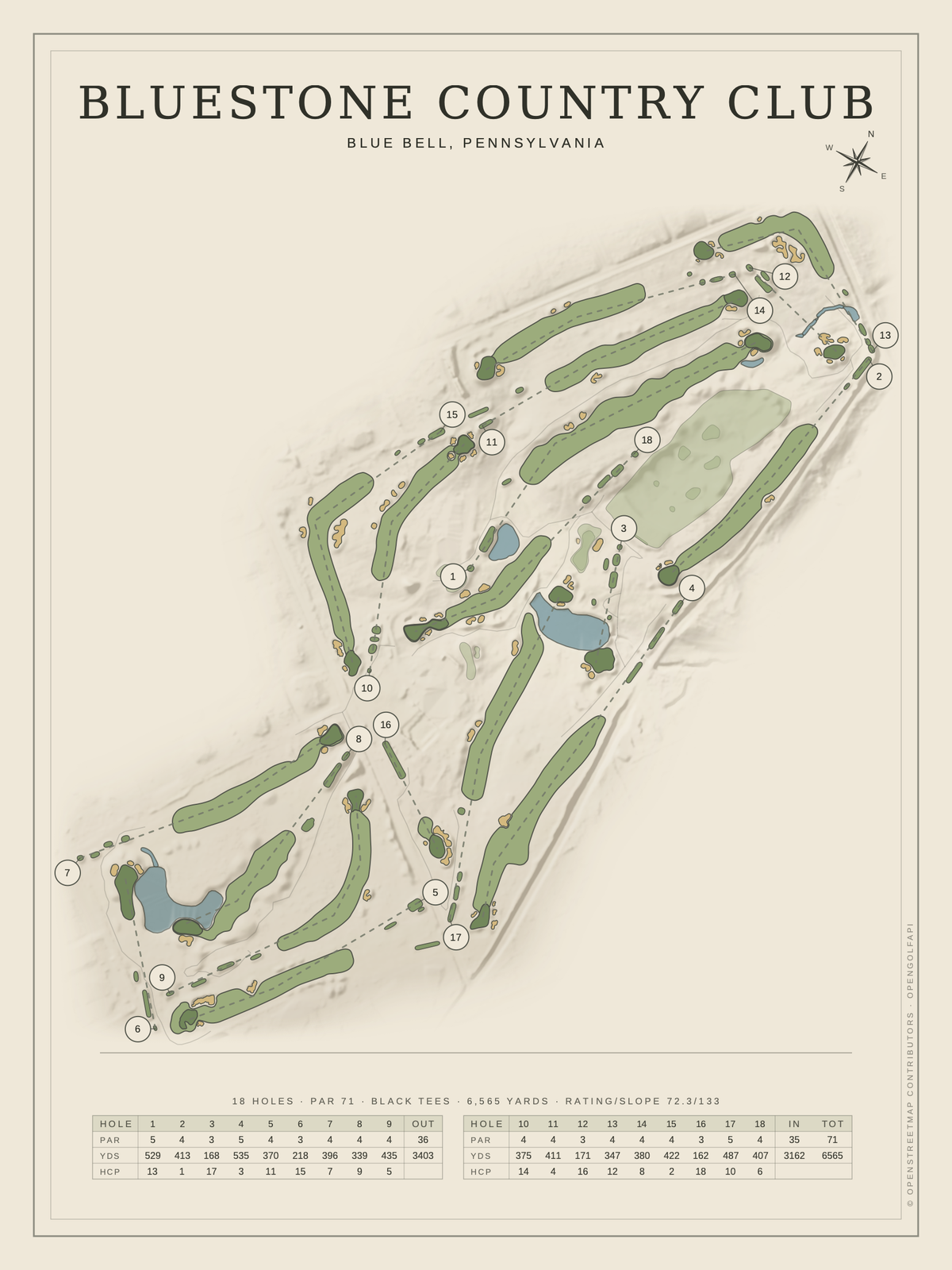 Bluestone Country Club course map poster, Classic style, 12×16 / 18×24