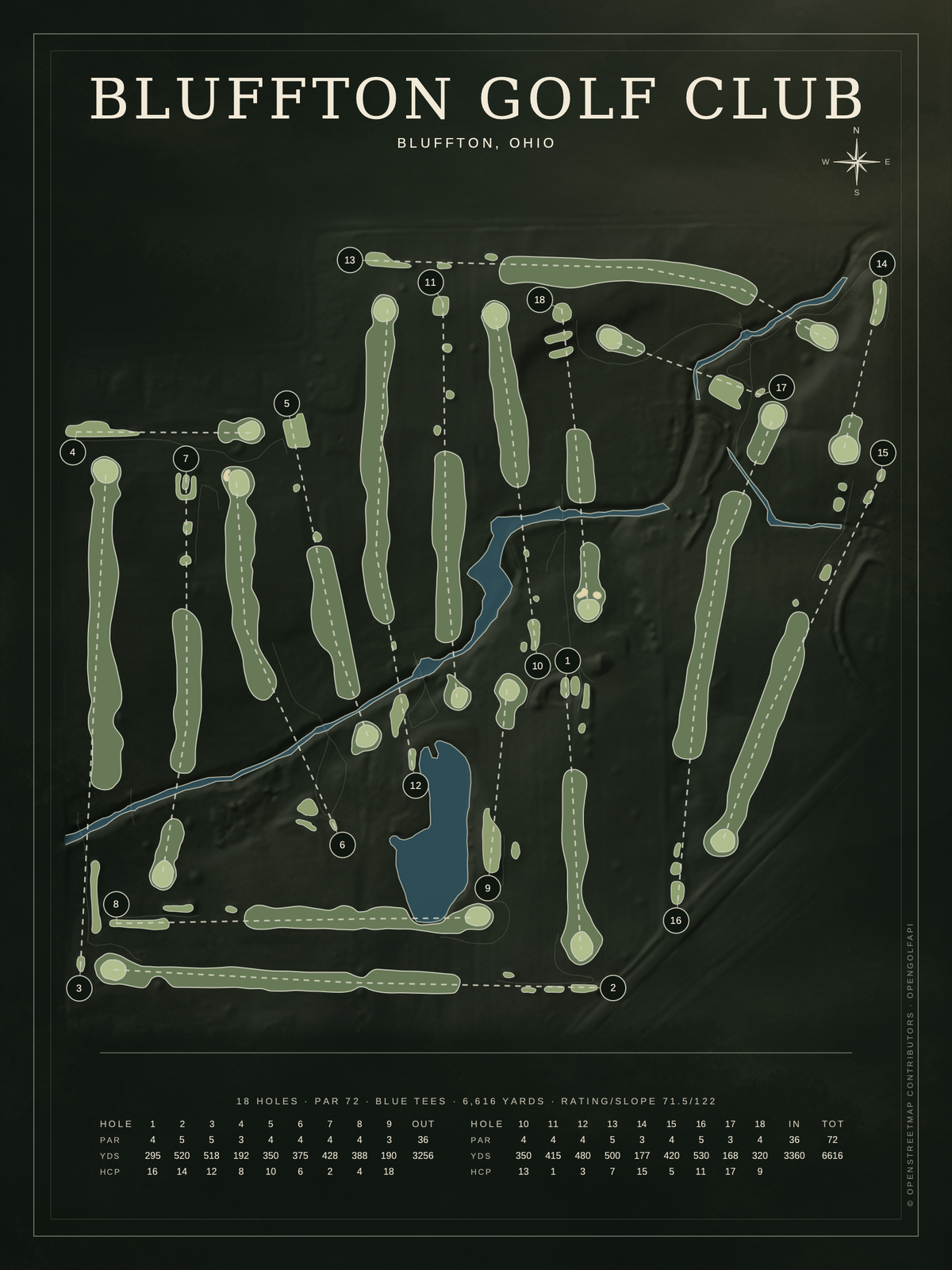 Bluffton Golf Club course map poster, Architectural style, 12×16 / 18×24