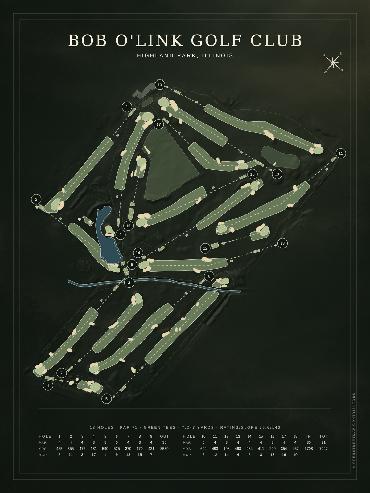 Bob O'Link Golf Club course map poster, Architectural style, 12×16 / 18×24