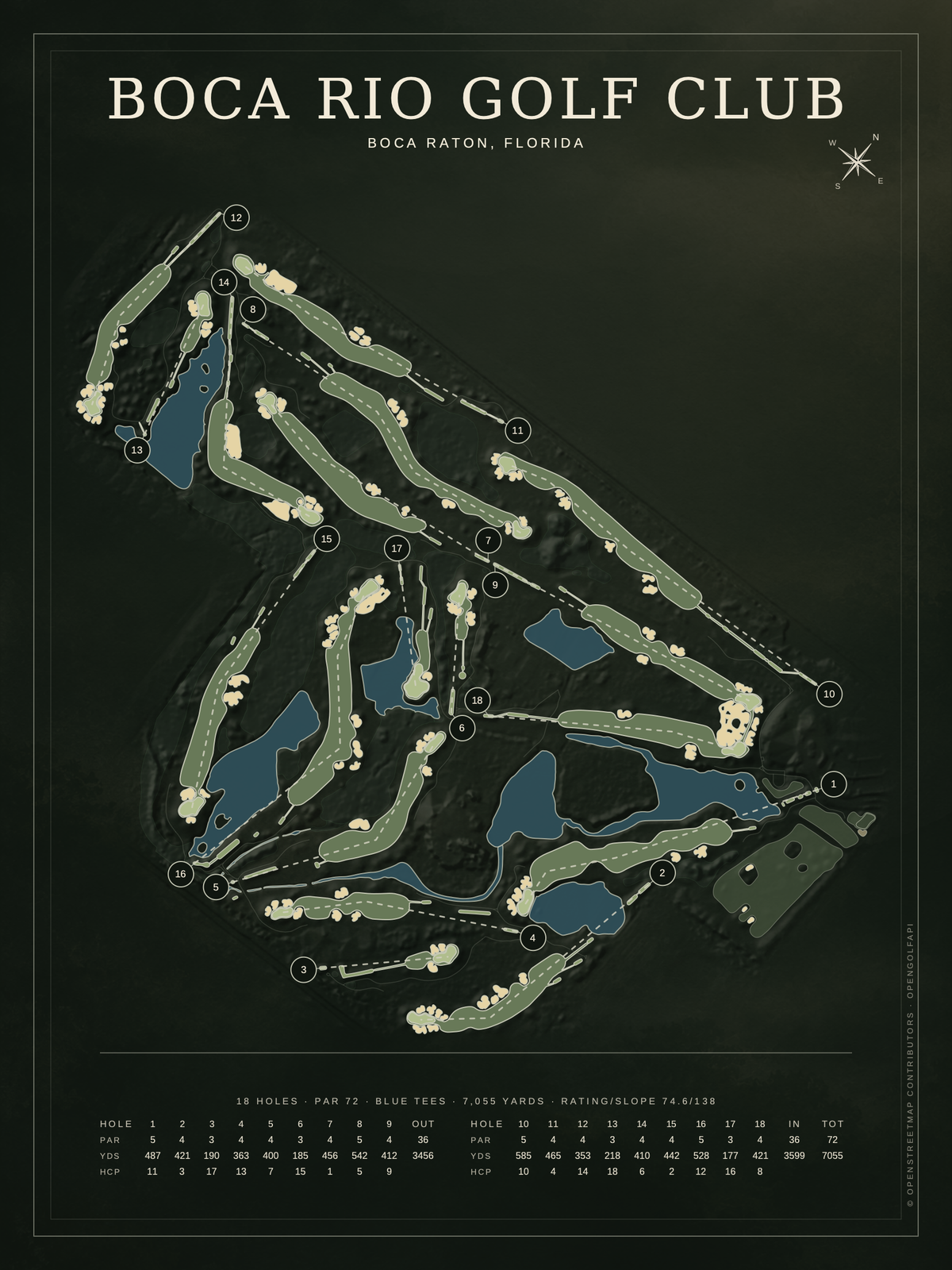 Boca Rio Golf Club course map poster, Architectural style, 12×16 / 18×24