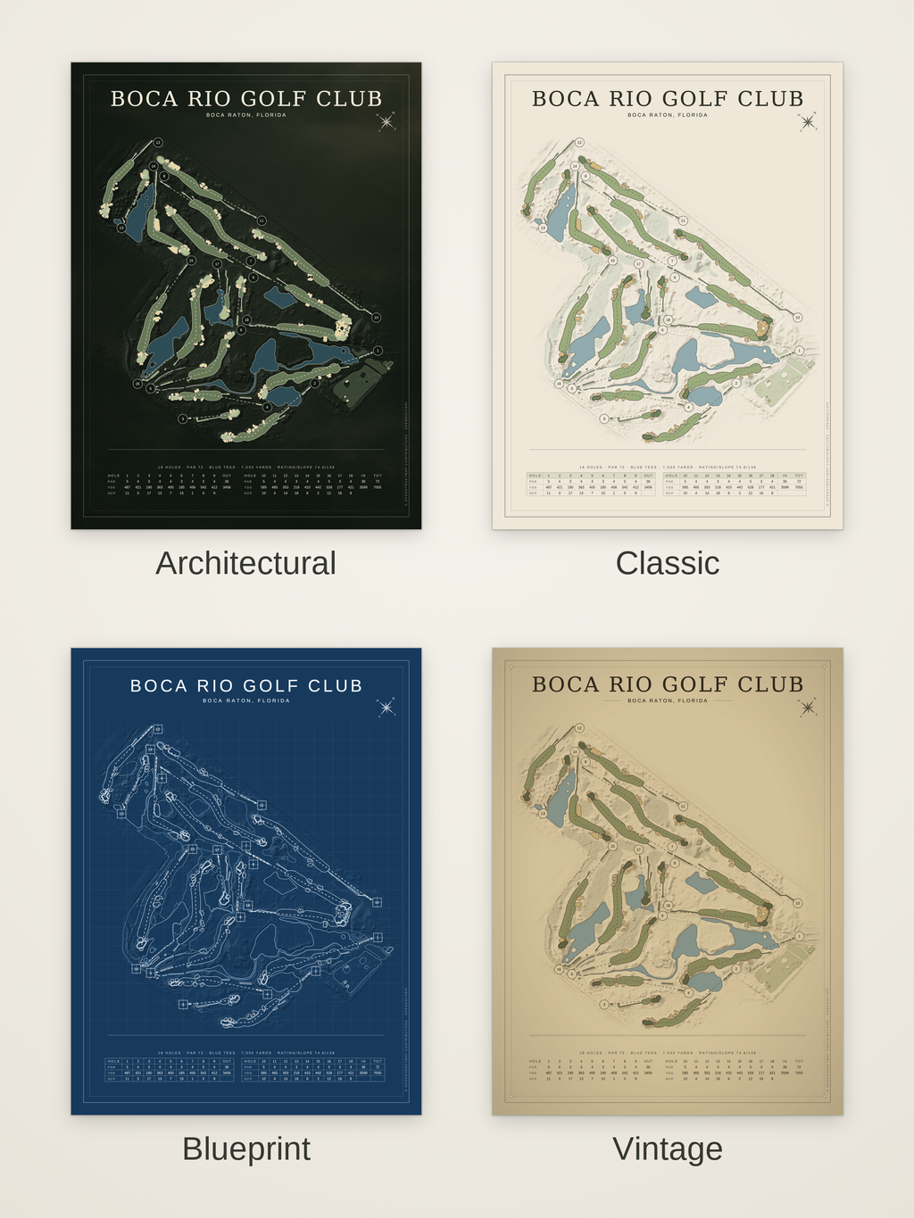 Boca Rio Golf Club course map poster in four styles: Architectural, Classic, Blueprint and Vintage