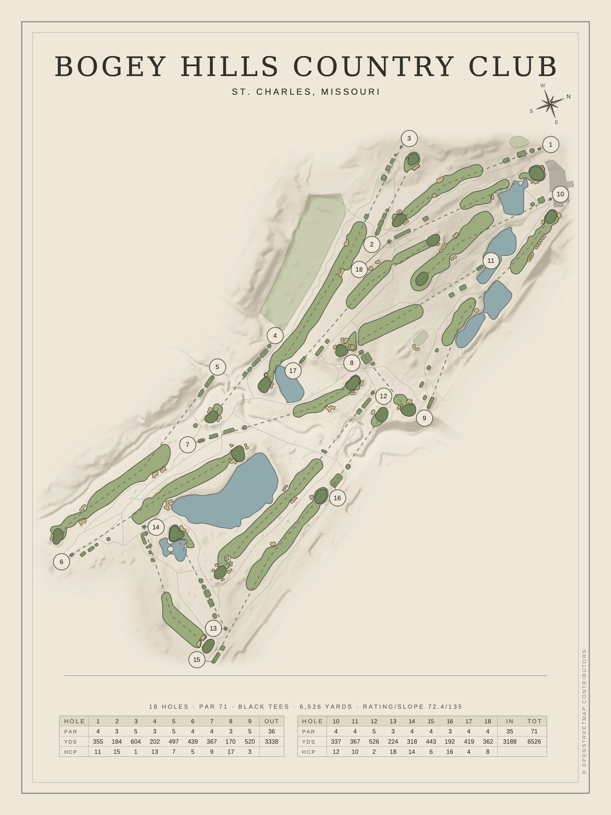 Bogey Hills Country Club course map poster, Classic style, 12×16 / 18×24
