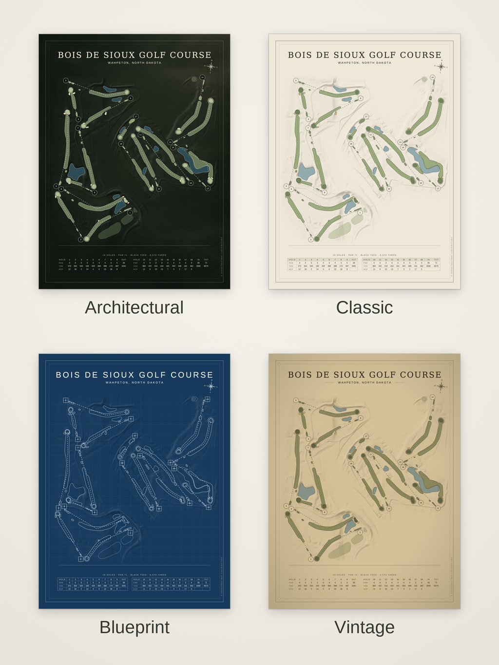 Bois de Sioux Golf Course map poster in four styles: Architectural, Classic, Blueprint and Vintage