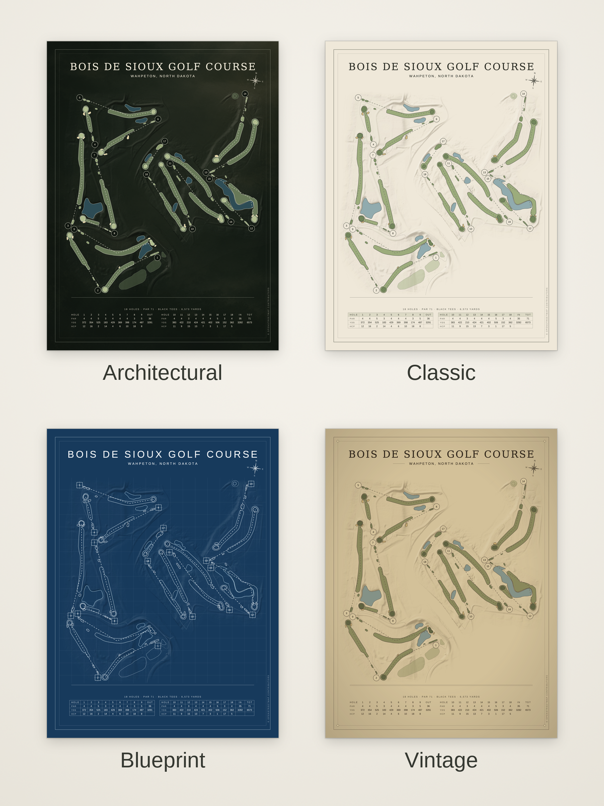 Bois de Sioux Golf Course map poster in four styles: Architectural, Classic, Blueprint and Vintage