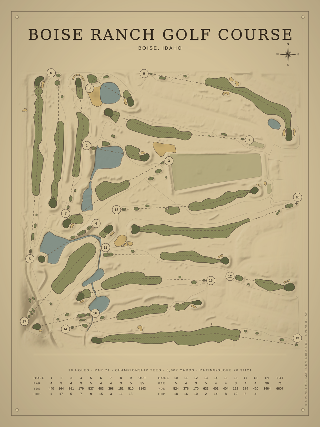 Boise Ranch Golf Course map poster, Vintage style, 12×16 / 18×24