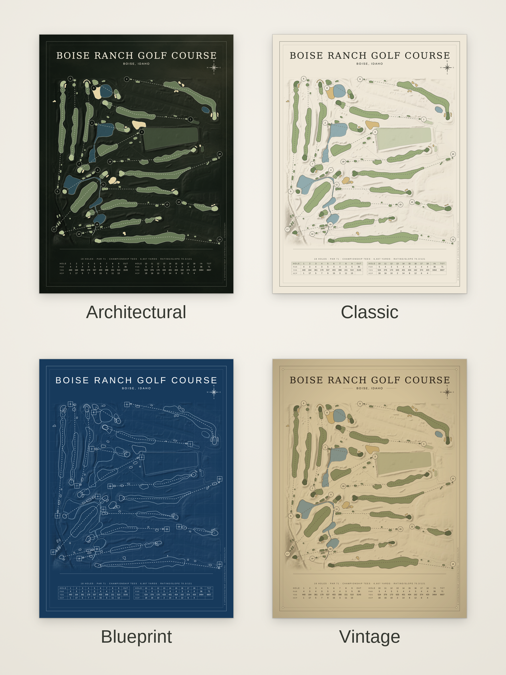 Boise Ranch Golf Course map poster in four styles: Architectural, Classic, Blueprint and Vintage