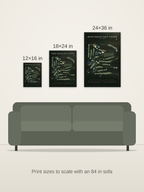 Boise Ranch Golf Course map poster in the Architectural style at 12×16, 18×24 and 24×36 inches, shown to scale on a wall above an 84-inch sofa