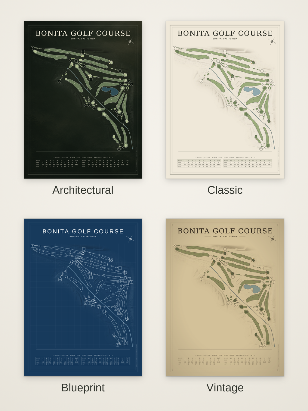 Bonita Golf Course map poster in four styles: Architectural, Classic, Blueprint and Vintage