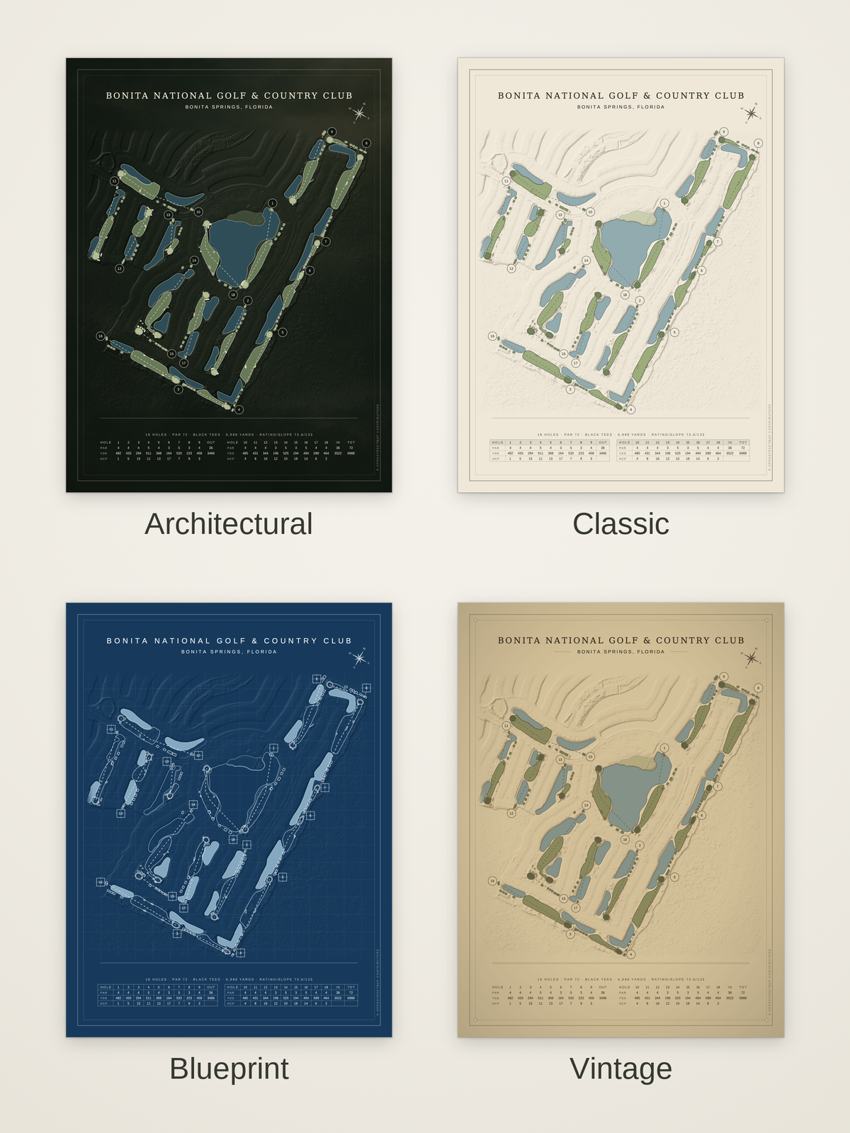 Bonita National Golf & Country Club course map poster in four styles: Architectural, Classic, Blueprint and Vintage