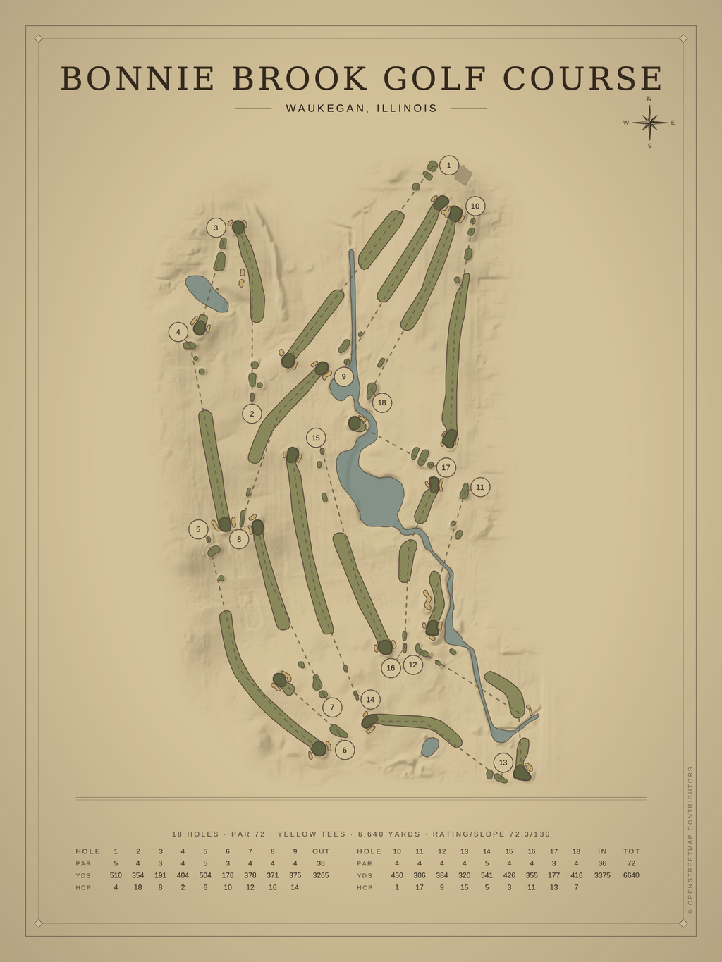 Bonnie Brook Golf Course map poster, Vintage style, 12×16 / 18×24