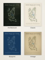 Bonnie Brook Golf Course map poster in four styles: Architectural, Classic, Blueprint and Vintage