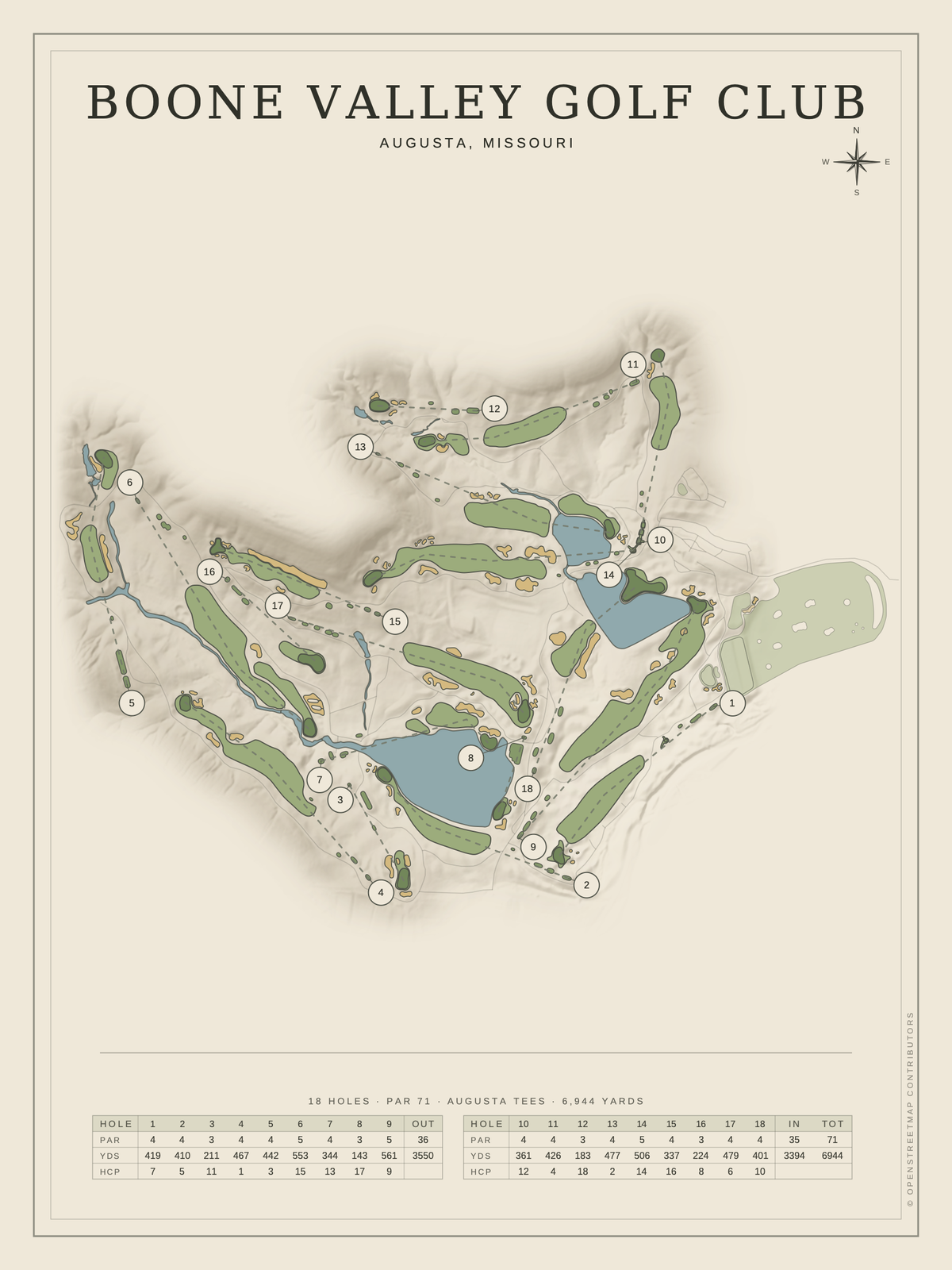 Boone Valley Golf Club course map poster, Classic style, 12×16 / 18×24