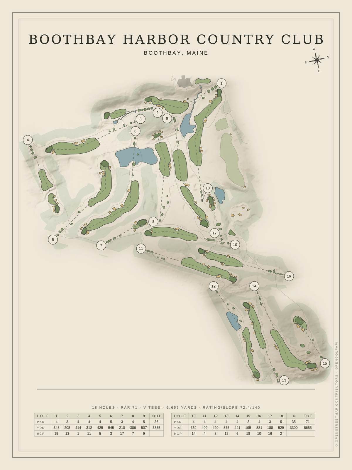 Boothbay Harbor Country Club course map poster, Classic style, 12×16 / 18×24